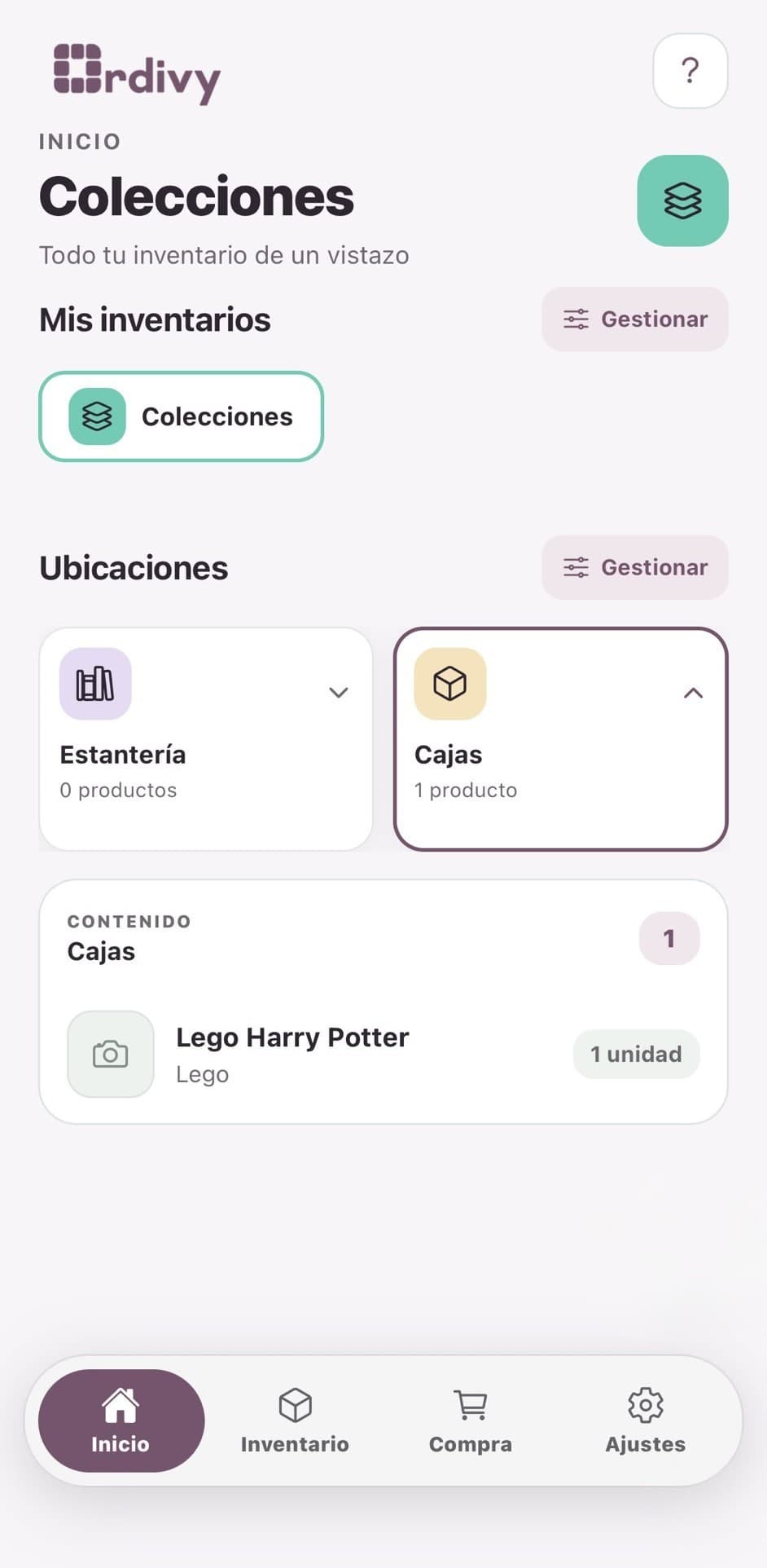 Pantalla real de Ordivy mostrando el inventario Colecciones, sus ubicaciones y un producto