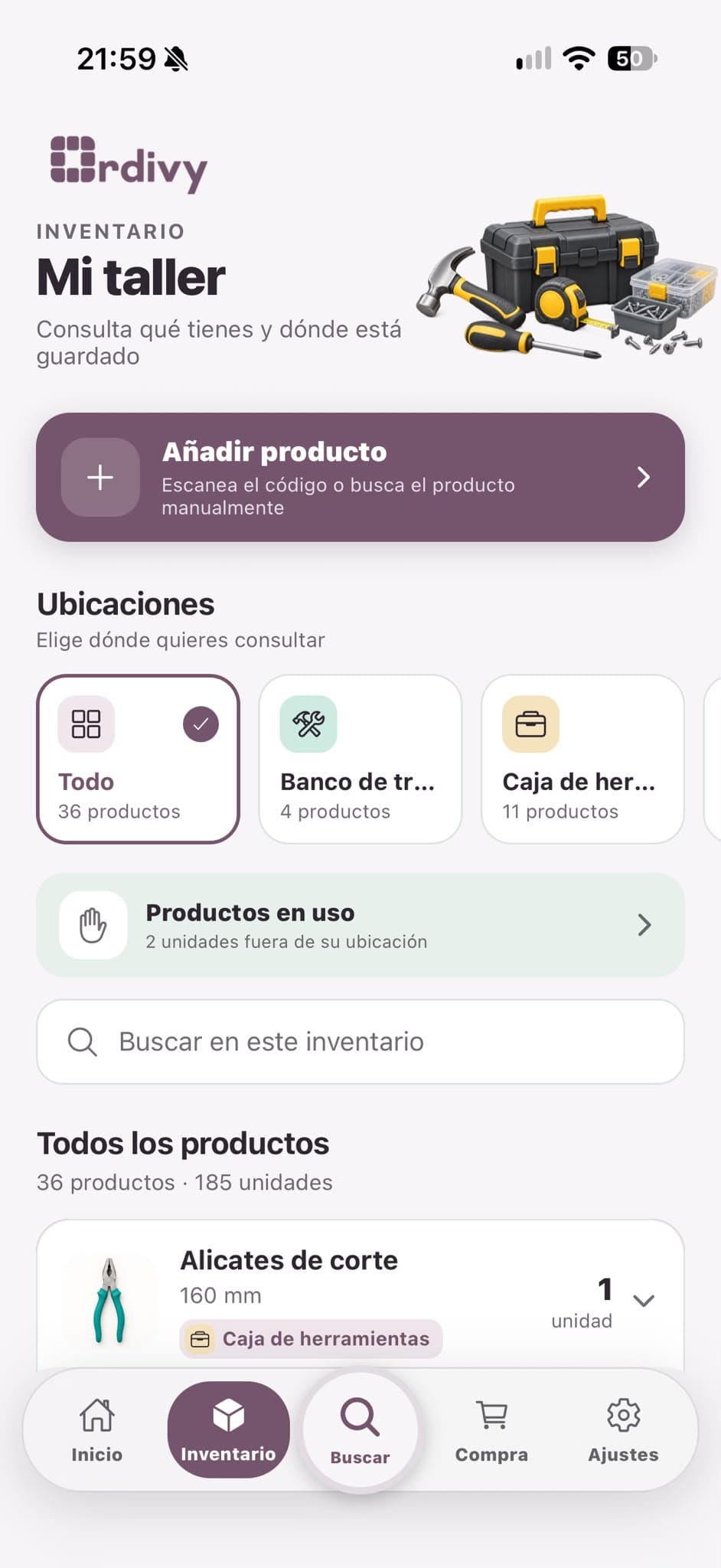 Pantalla Inventario de Ordivy