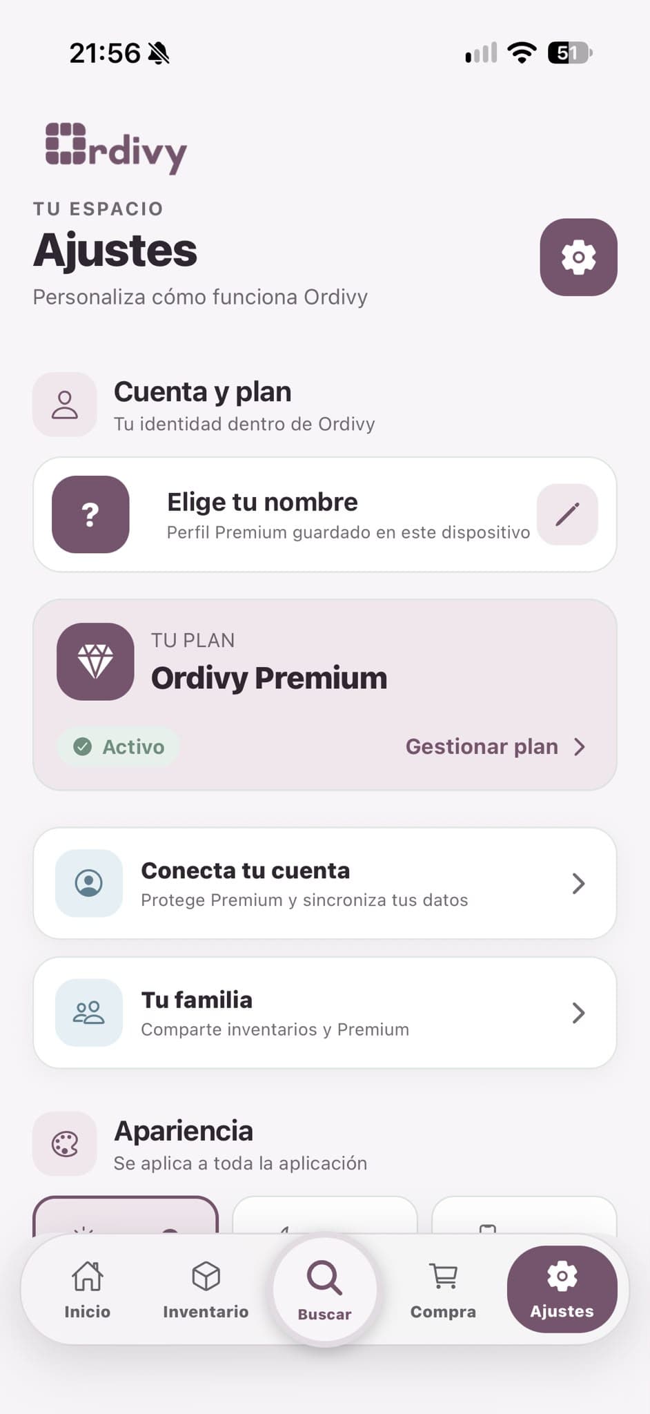 Pantalla Ajustes y Premium de Ordivy
