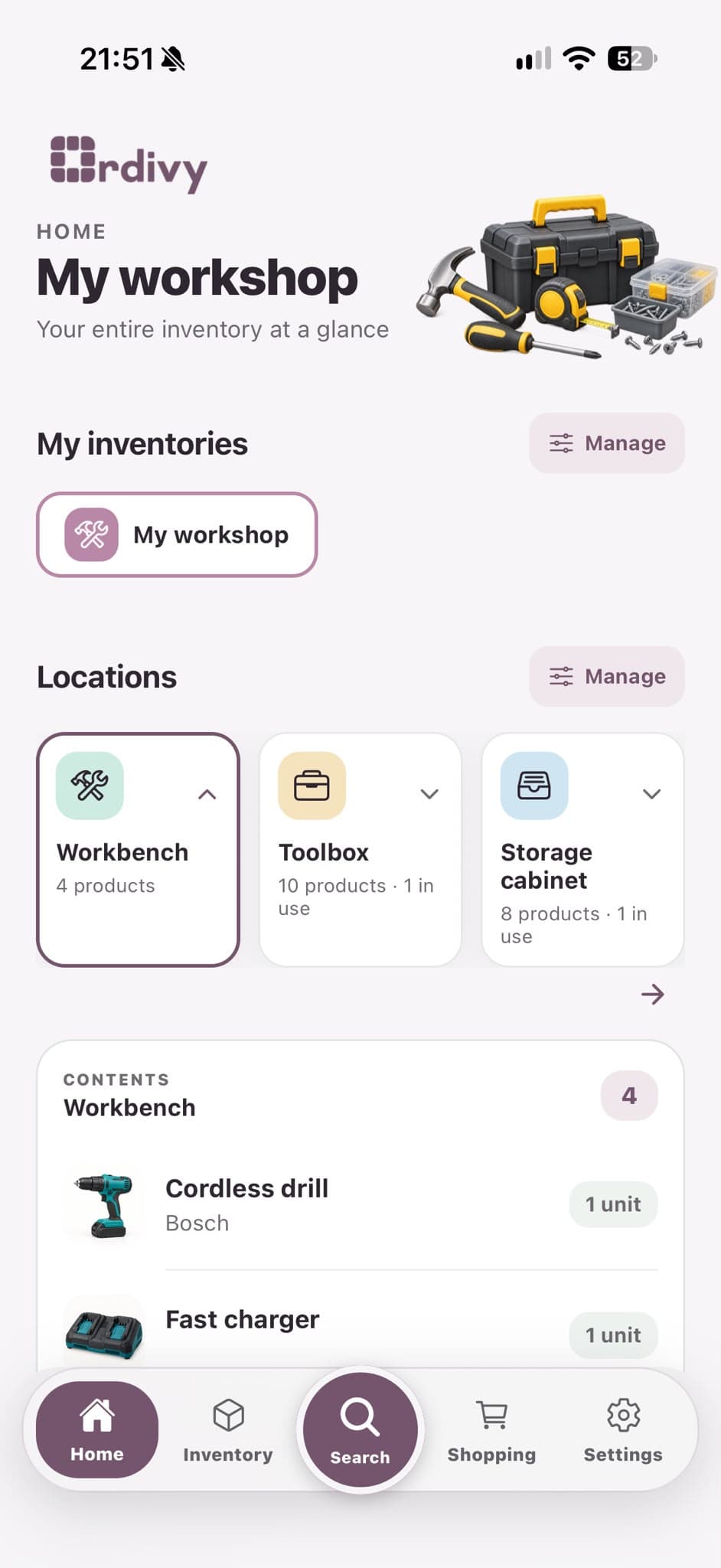 Ordivy home screen showing the My workshop inventory and its locations