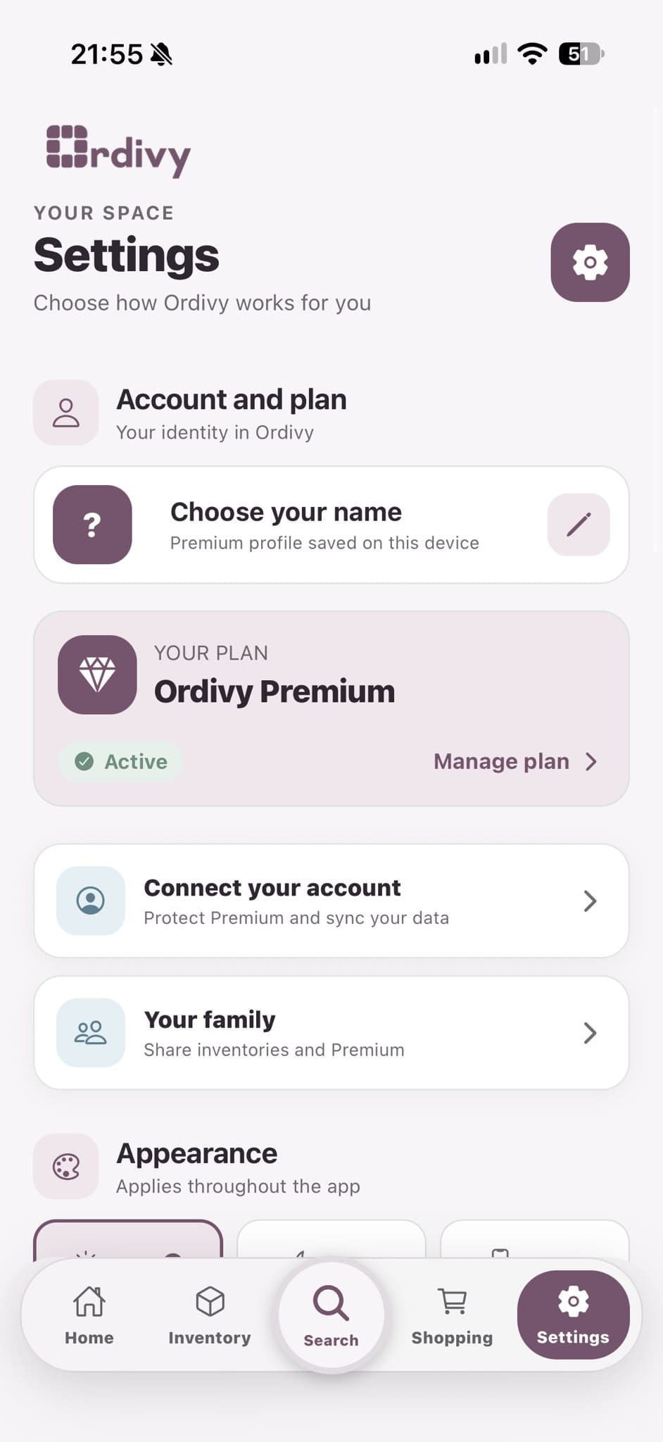 Ordivy Settings and Premium screen