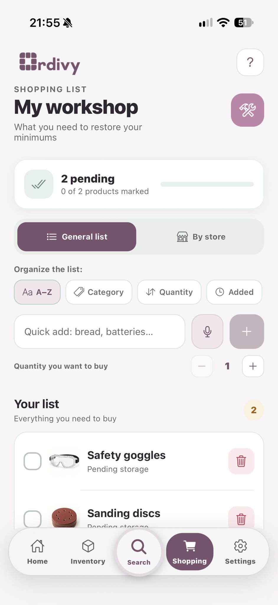 Ordivy Shopping screen